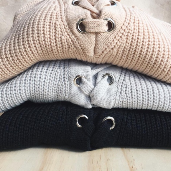 Burnt Red Rib Lace Up V Neck Tweed Knit Sweater - Picture 2 of 8